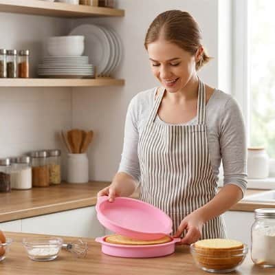 Femme retirant un gâteau d'un Moule a manqué rose