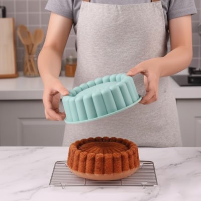 femme retirant un moule en silicone bleu d'un gâteau fraîchement cuit placé sur une grille de refroidissement 