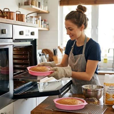 Femme sortant un gâteau du four avec des Moules a manqué