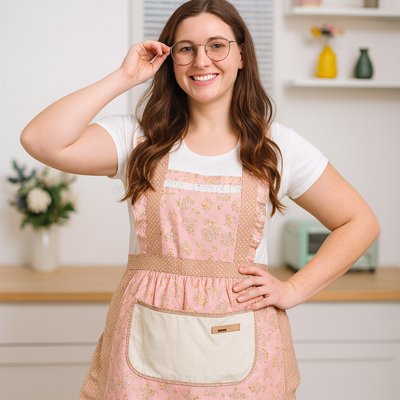 Femme souriante en cuisine portant un tablier de cuisine à fleurs roses
