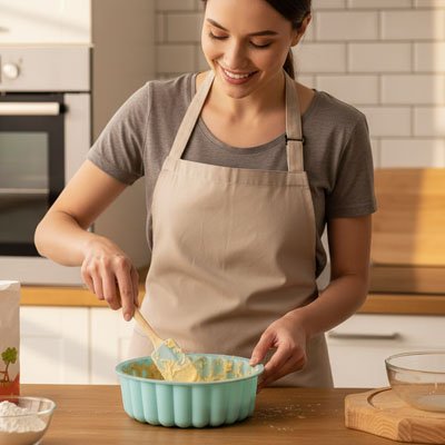 femme souriante en train de mélanger une pâte dans un moule en silicone bleu, avec des ingrédients et des ustensiles de cuisine autour d'elle