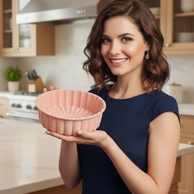 femme souriante tenant un moule en silicone rose dans sa cuisine moderne