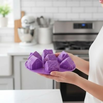 Femme souriante tenant un Moules en silicone avec maisons