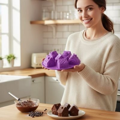 Femme souriante tenant un Moules en silicone avec maisons
