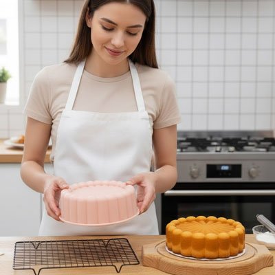 femme souriante tient un moule en silicone rose, avec un gâteau cuit à côté, dans une cuisine moderne