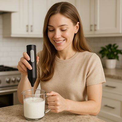 femme souriante utilisant un mousseur a lait pour mélanger du lait dans un pichet dans une cuisine moderne