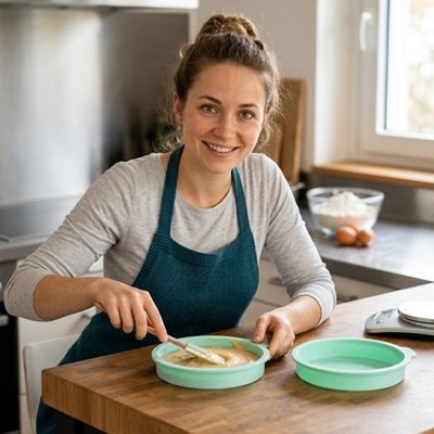 Femme souriante versant de la pâte dans un Moule a manqué