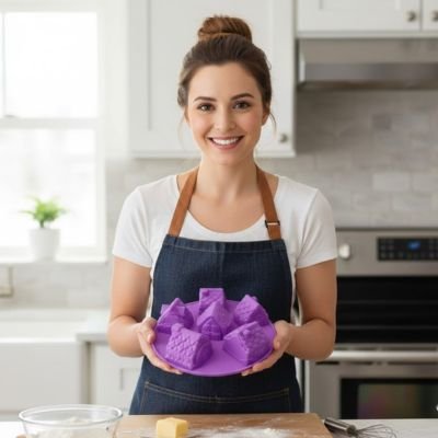 Femme tenant un Moules en silicone avec maisons colorées