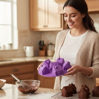 Femme tenant un Moules en silicone avec maisons en chocolat