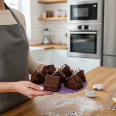 Femme tenant un Moules en silicone  avec maisons en chocolat