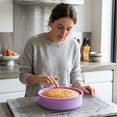 Femme vérifiant un gâteau cuit dans Moule a manqué