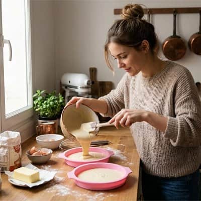 Femme versant la pâte dans des Moules a manqué roses