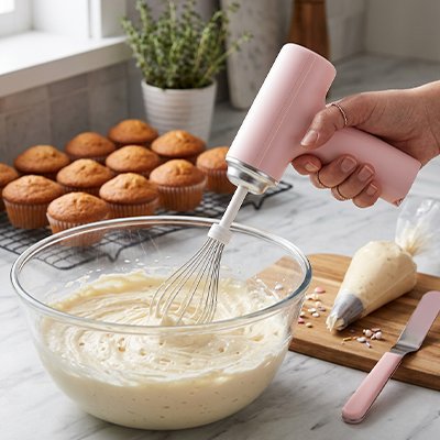 Fouet electrique rose pour préparation pâtissière