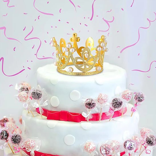 Gâteau à étages décoré avec couronne decoration gateau dorée et sucettes décoratives