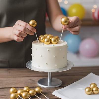 Gâteau anniversaire décoré avec boules dorées et perles blanches