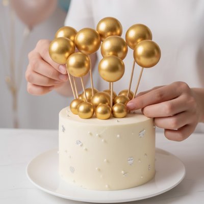 Gâteau anniversaire orné de boules dorées et perles argentées