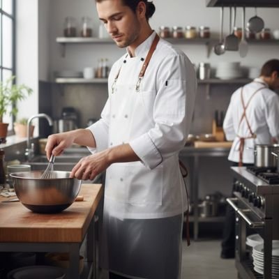 Homme fouettant la pâte avec un Tablier de cuisine 