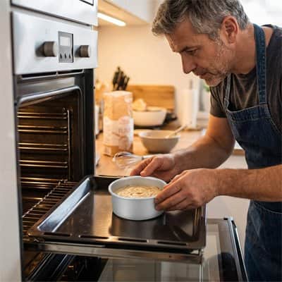 Homme mettant le Moule a manqué dans le four