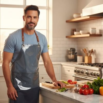 Homme posant devant des légumes avec un Tablier de cuisine 