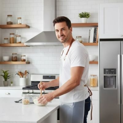Homme préparant un mélange avec un Tablier de cuisine 