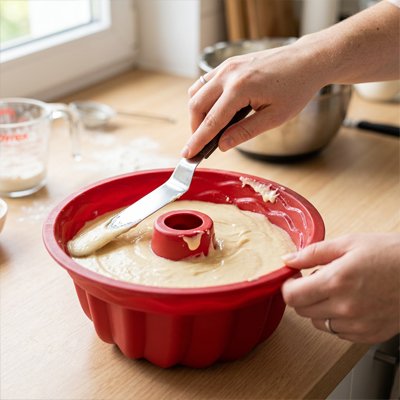 Lissage de pâte dans Moule à kouglof avec spatule