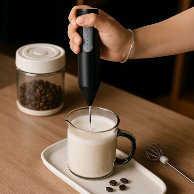 main utilisant un mousseur a lait pour mousser du lait dans un pichet, avec des grains de café à côté