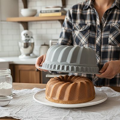 Moule à kouglof gris retourné sur gâteau doré