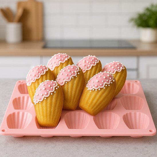 Moule à madeleine avec madeleines décorées au glaçage rose