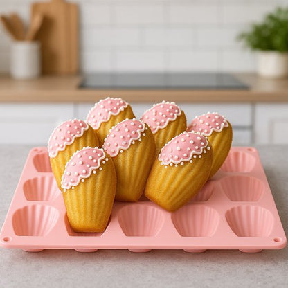 Moule à madeleine avec madeleines décorées au glaçage rose