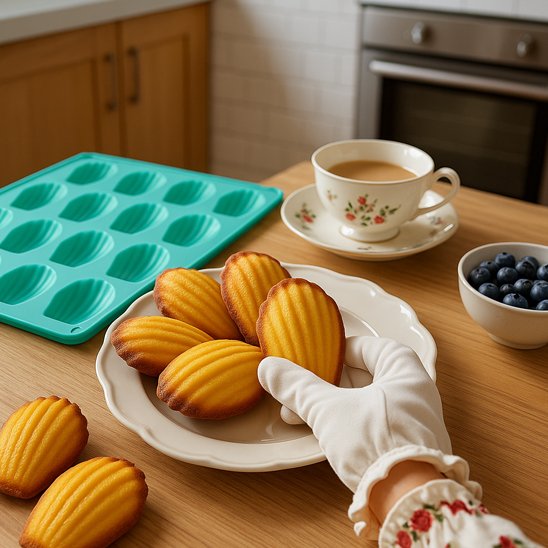 Moule à madeleine avec madeleines prêtes à servir et thé