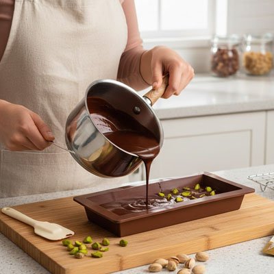Moule silicone avec chocolat fondu et pistaches