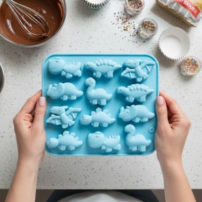 Moule silicone bleu avec figurines dinosaures pour chocolat