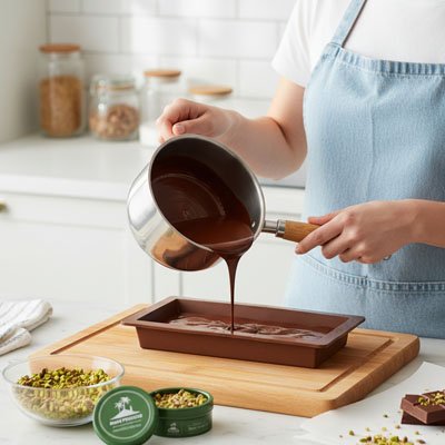 Moule silicone rempli de chocolat avec pistaches