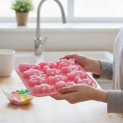 Moule silicone rose avec formes de cadeaux colorés