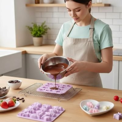 Moule silicone violet avec chocolat versé et bonbons