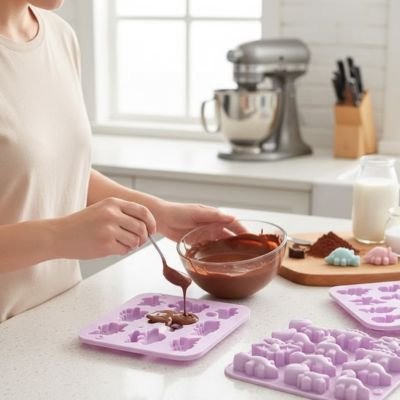 Moule silicone violet pour bonbons avec chocolat versé
