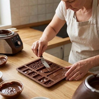 Moule tablette chocolat avec chocolat étalé à la spatule