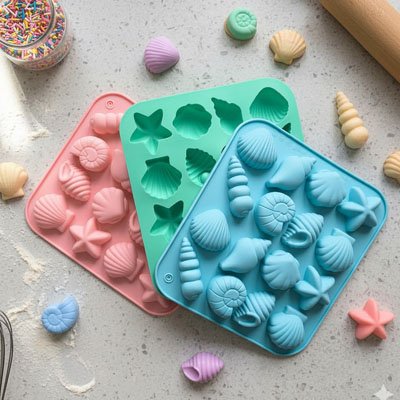 moules en silicone colorés posés sur un plan de travail avec des formes de coquillages et d’étoiles de mer utilisées pour créer de petites douceurs 