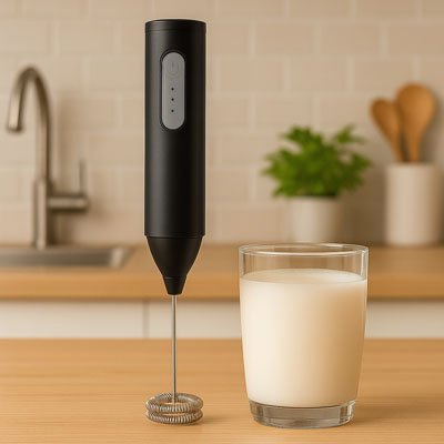 mousseur à lait posé à côté d'un verre de lait dans une cuisine moderne, prêt à être utilisé pour faire mousser le lait
