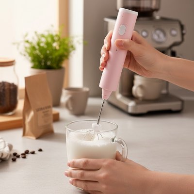 Mousseur a lait rose en action pour préparer une boisson