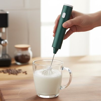 Mousseur a lait vert battant du lait dans une tasse