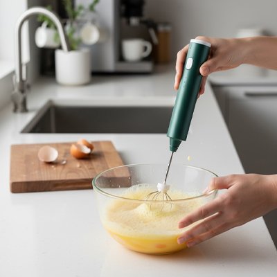 Mousseur a lait vert dans un bol pour battre des œufs