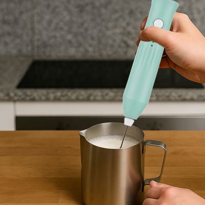 Mousseur à lait vert fouettant du lait dans un pichet