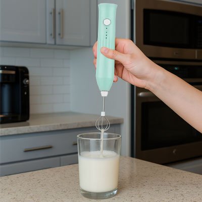 Mousseur à lait vert fouettant du lait dans un verre