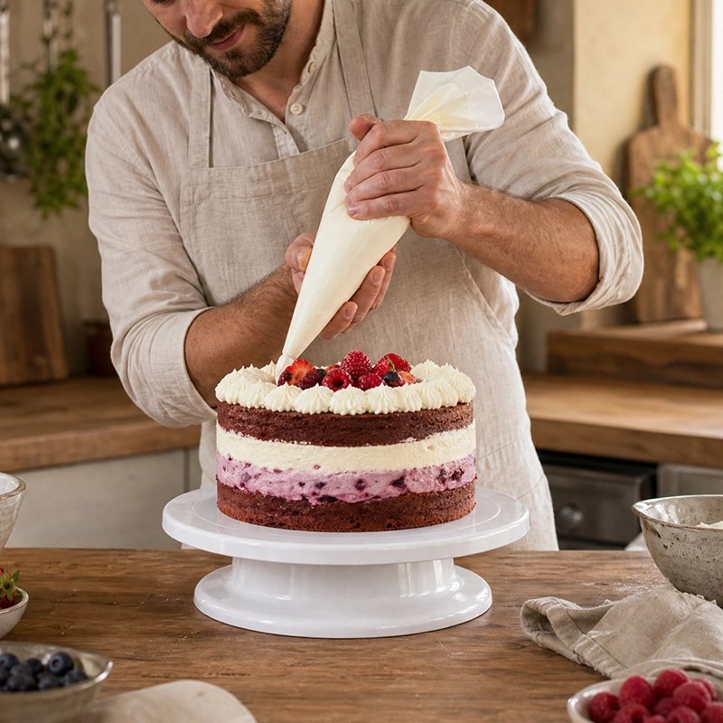 Plateau patisserie tournant​ blanc avec gâteau aux fruits