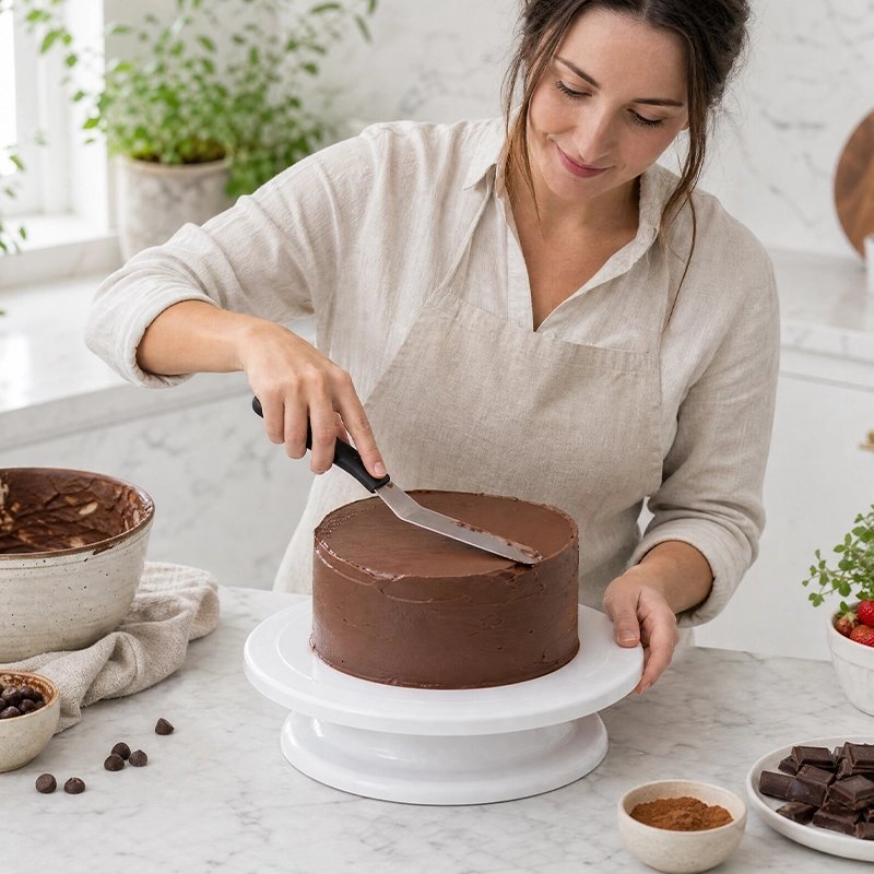 Plateau patisserie tournant​ blanc avec gâteau chocolat