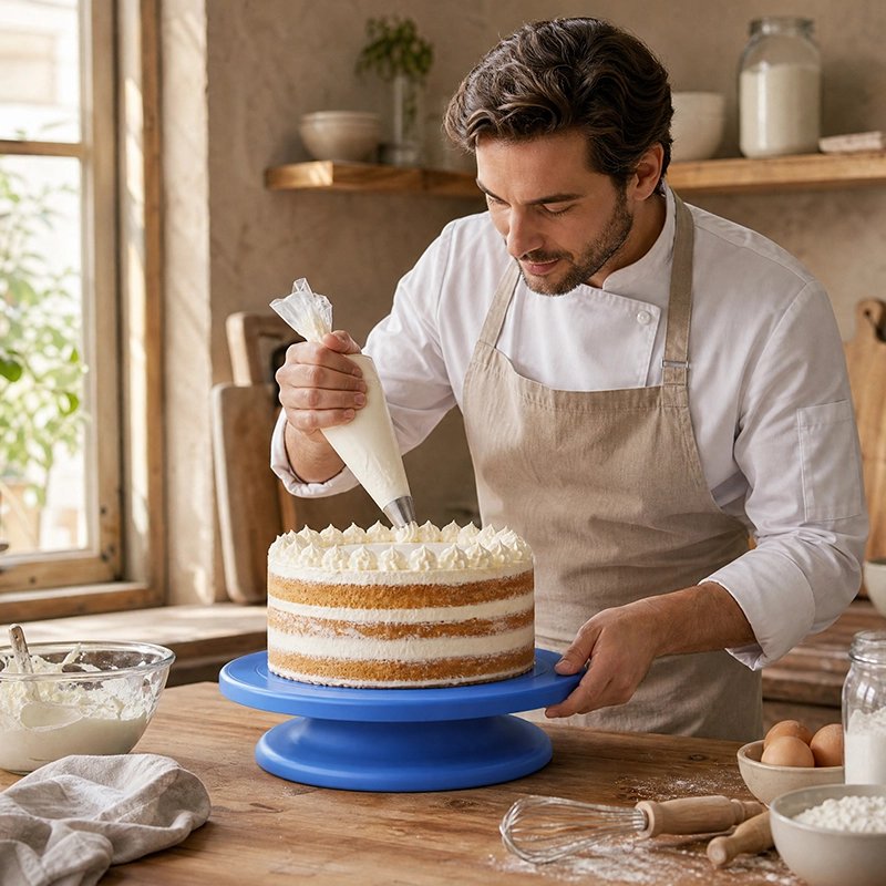 Plateau patisserie tournant​ bleu avec gâteau à la crème