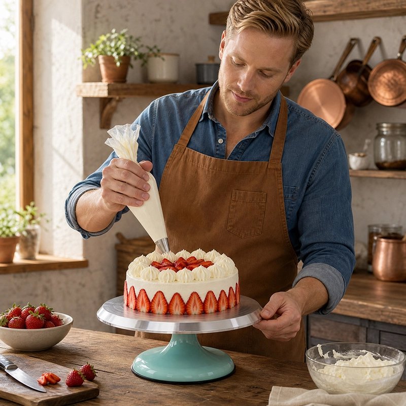 Plateau patisserie tournant​ bleu avec gâteau aux fraises