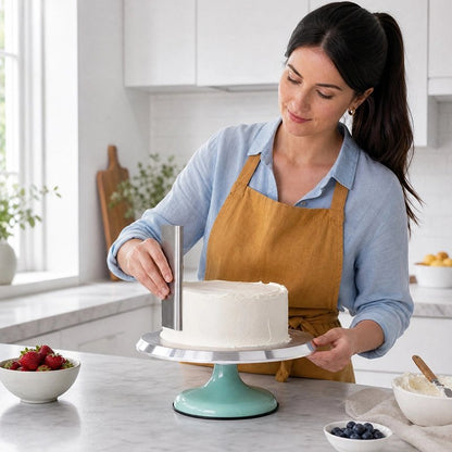 Plateau patisserie tournant​ bleu avec gâteau blanc