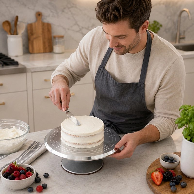 Plateau patisserie tournant​ inox avec gâteau à la crème